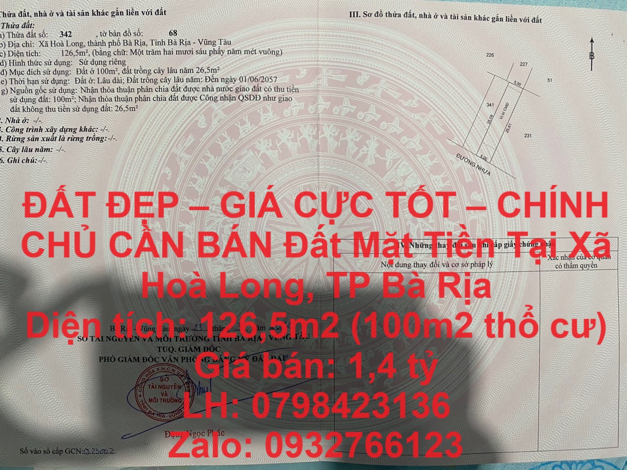 ĐẤT ĐẸP – GIÁ CỰC TỐT – CHÍNH CHỦ CẦN BÁN Đất Mặt Tiền Tại Xã Hoà Long, TP Bà Rịa - Ảnh chính